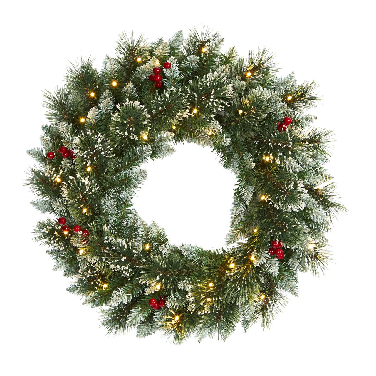 24" LED Frosted Swiss Pine & Berry Artificial Wreath